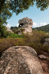Fototapeta na wymiar Scenery. Alcornocales Natural Park. View of the rock called La Montera del Torero, located in la Ruta del Toro. Los Barrios town, Spain