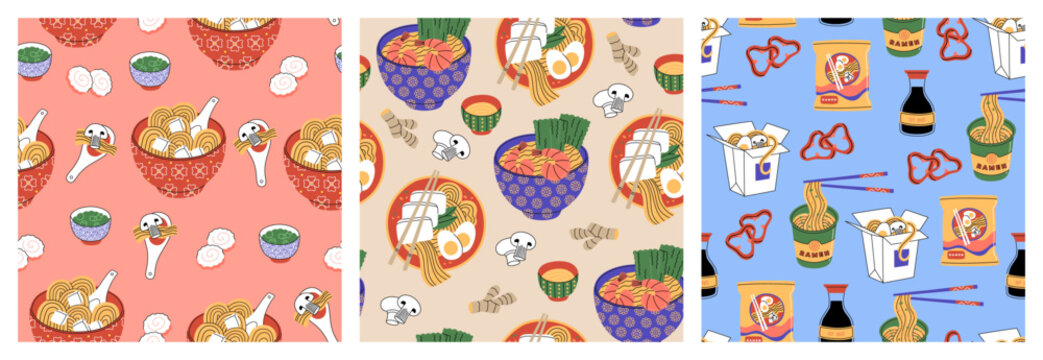Set of three seamless pattern with ramen noodle. Different recipes of hot meal. Soup with shrimps, eggs, mushrooms, tofu, meat, chopsticks, souse. Hand drawn vector illustration, flat cartoon style