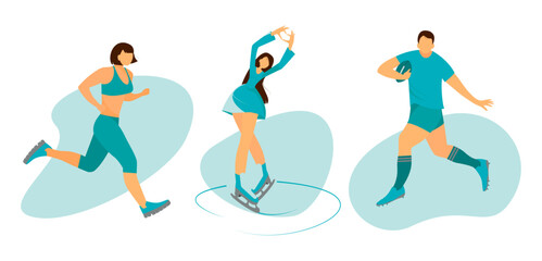 Collection of men and women performing various sports activities. People is running, jogging, figure skating, rugby Vector illustration in flat cartoon style isolated