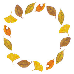 紅葉した落ち葉の水彩画風手描きイラスト輪フレーム