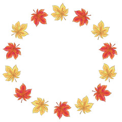 紅葉したもみじの葉っぱ水彩画風手描きイラスト輪フレーム