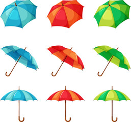 Colorful umbrellas in different angles cartoon style