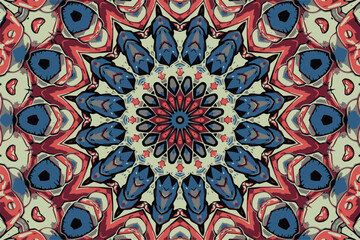 Colorful mandala background bordering abstract geometry