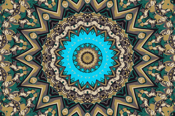 Colorful mandala background bordering abstract geometry