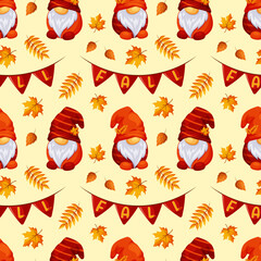 Obraz na płótnie Canvas Seamless pattern with autumn Scandinavian gnomes, the inscription fall and autumn leaves on light background for Thanksgiving