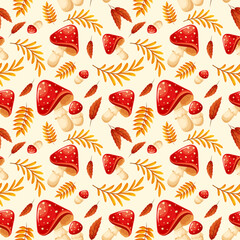 Seamless pattern with fly agarics and yellow branches. Autumn pattern with mushrooms on light background