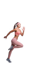 Obraz premium Full body length shot of young sporty Asian woman fitness model in pink-top sportswear running. isolated on white background. Fitness and healthy lifestyle concept.