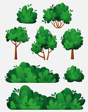 Set of bushes and trees in cartoon style. Small, medium and large bushes. Isolated bushes