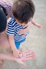 Baby boy playing with a seashell on the beach with his mother