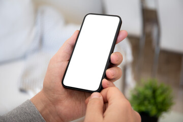 male hands hold phone with isolated screen background of room