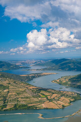Fototapeta premium top view of the river and mountains, meadows, surrounded by the kizilirmak river. 