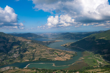 Fototapeta premium Aerial view of kizilirmak river, there are villages and towns around the river. Bafra, Samsun, Turkey