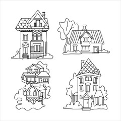 Outline citycsape Set of vector houses for coloring book Big cottage, country house and tree house