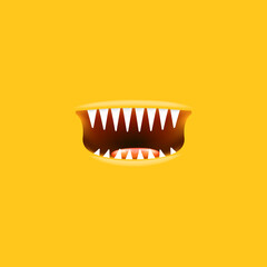 Vector Cartoon open monster shark mouth isolated on orange background. Funny and cute Halloween Monster open mouth with big vampire fangs
