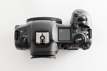 August 13, 2022. New York, United States. Mirrorless camera Canon R5 on white background