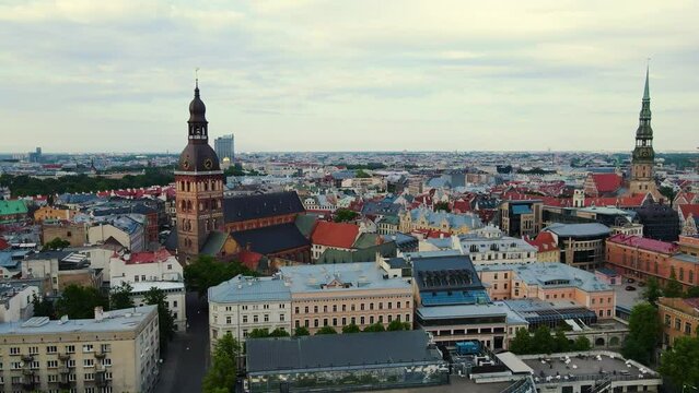 Drone flying over the streets of Riga, amazing city with vintage architecture 4k