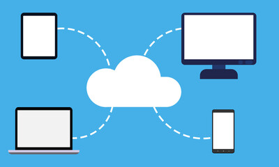 Cloud computing concept with All Technology Devices. Transfer and Storage digital information in Computers, tablet and Mobile phone. 