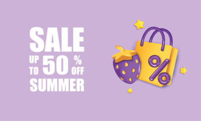 Summer sale vector banner design with strawberries. Summer sale in white empty space for text with discount for seasonal sale.