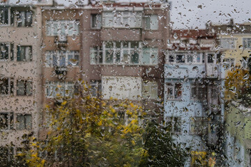 a window wet with raindrops