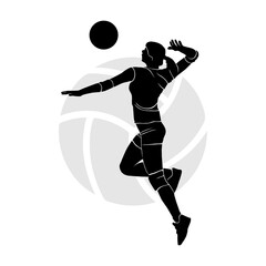Silhouette of female volleyball player jumping and hitting the ball. Vector illustration