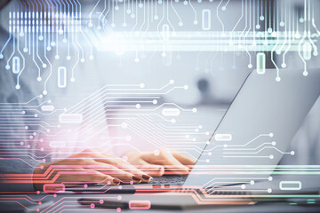 Multi exposure of woman hands working on computer and data theme hologram drawing. Tech concept.