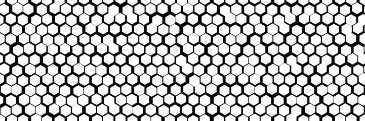 Uneven black and white honey comb simple seamless pattern. Irregular hive cell texture. Abstract vector background with hexagon geometry. Wallpaper in a minimalist style