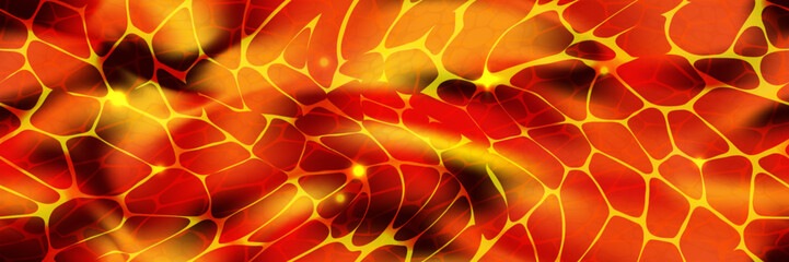 Texture of solar prominences, volcano lava river or glowing magma surface top view. Abstract vector background. Molten metal effect. Liquid steel. Red, yellow, orange, black gradient. Fire wallpaper