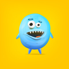 Vector cartoon funny blue alien monster isolated on yellow background. Smiling silly blue monster print sticker design template. Cute Ghost, troll, gremlin, goblin, devil and halloween monster