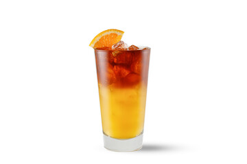 Bumble coffee with orange juice and espresso, Americano coffee in glass isolated on white...
