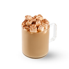 Cocoa, Coffee, cappuccino with marmeshlow in a glass cup, mug. Hot drink with milk and coffee isolated on white background.