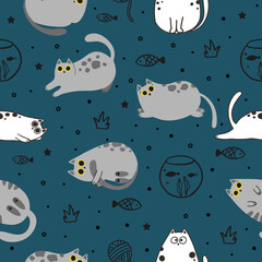 Cute Cartoon Cat Vector Icons, Seamless Pattern and Background