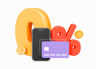 3D Zero percent or 0% special offer and interest. Bank loan and credit agreement. Mobile phone with credit card and money coin. Cartoon creative design icon isolated on white background. 3D Rendering - obrazy, fototapety, plakaty