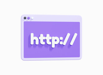 3D Web window with http link. Data web browser page. Website address with hyperlink. Protocol concept. Realistic element. Cartoon creative design icon isolated on white background. 3D Rendering