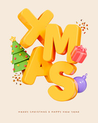 3D Merry Christmas banner with festive decoration balls, Christmas tree and gift. Happy New Year and Xmas poster, greeting card and flyer. Cartoon creative design celebrate illustration. 3D Rendering