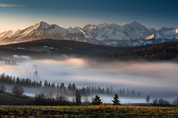 View of the Tatra Mountains, meadows, pastures, fogg, from Gliczarów Górny. Spring, Poland. Widok na Tatry, góry, łąki, hale, z Gliczarowa Górnego. Mgła, wiosna, Podhale, Polska. Krajobraz, poranek