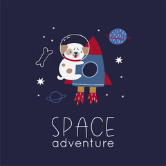 Cute cartoon dog in space - vector illustration. Collection of dogs astronauts on rockets, ufo, planets and stars. Space adventure
