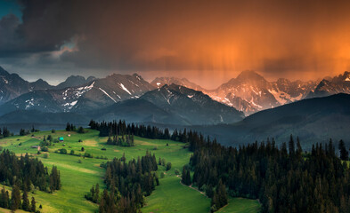 A view of the Tatra Mountains and the meeting of two weather fronts. Storm. Mountains, Podhale,...