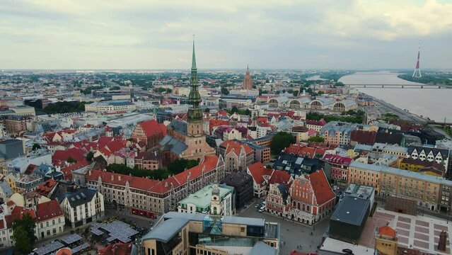Cityscape view of Riga, amazing architecture, Daugava River, Latvia, drone view