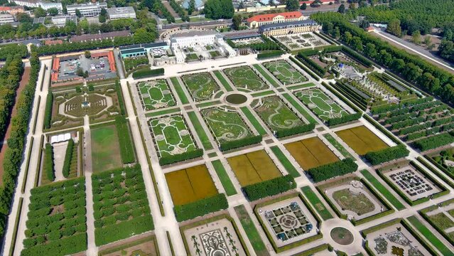 Herrenhausen Gardens aerial view in Hanover, Germany. Royal Gardens from above at Herrenhausen are one of the most distinguished baroque formal gardens of Europe in Lower Saxony.
