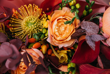 Red pink orange Autumn Colorful fall bouquet. Beautiful flower composition with autumn orange and...
