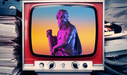 A retro analog TV set showing an old greek statue representing Asklepios (the god of medicine),...