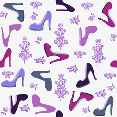 Obraz premium Seamless vector illustration with high heels and lavender flowers. Repeating abstract background. Purple, pink and black. For clothing and bag prints, business notepad, gift design, postcards