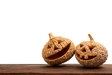 Halloween pumpkin and empty wood floor isolated on white background with clipping path.