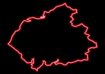 Red glowing neon map of Cumbria United Kingdom on black background.