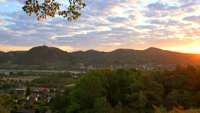 Siebengebirge or Seven Mountains at sunrise in summer