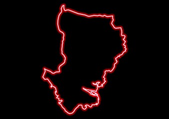 Red glowing neon map of Dhaka Bangladesh on black background.