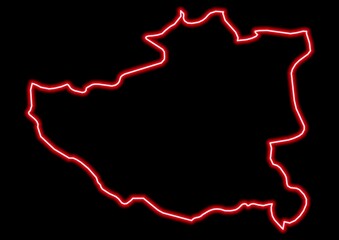 Red glowing neon map of Dibër Albania on black background.