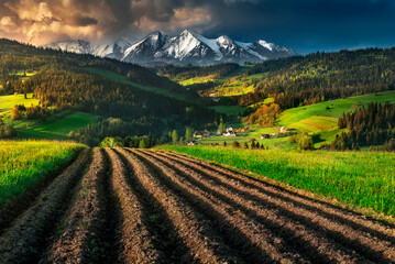 View of the Belianske Tatras from Grandeus. Spisz, Pieniny, spring, Poland. Widok na Tatry Bielskie...