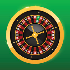 Realistic casino gambling roulette wheel on green background. Vector play chance luck roulette wheel illustration