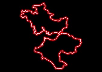 Red glowing neon map of Dytiki Ellada Greece on black background.